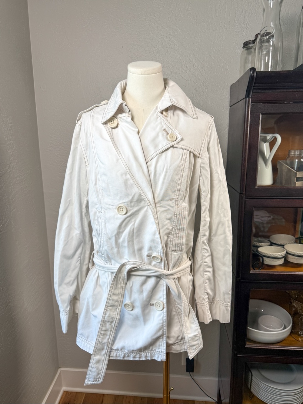 Gap White Cotton Double Breasted Trench Jacket Belted Lightweight Coat Size M